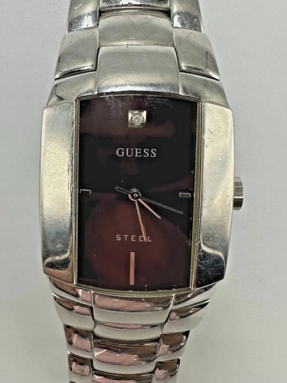 3/30 Guess Steel Watch Men Maroon Dial Barrel Case Water Resistant  7.25